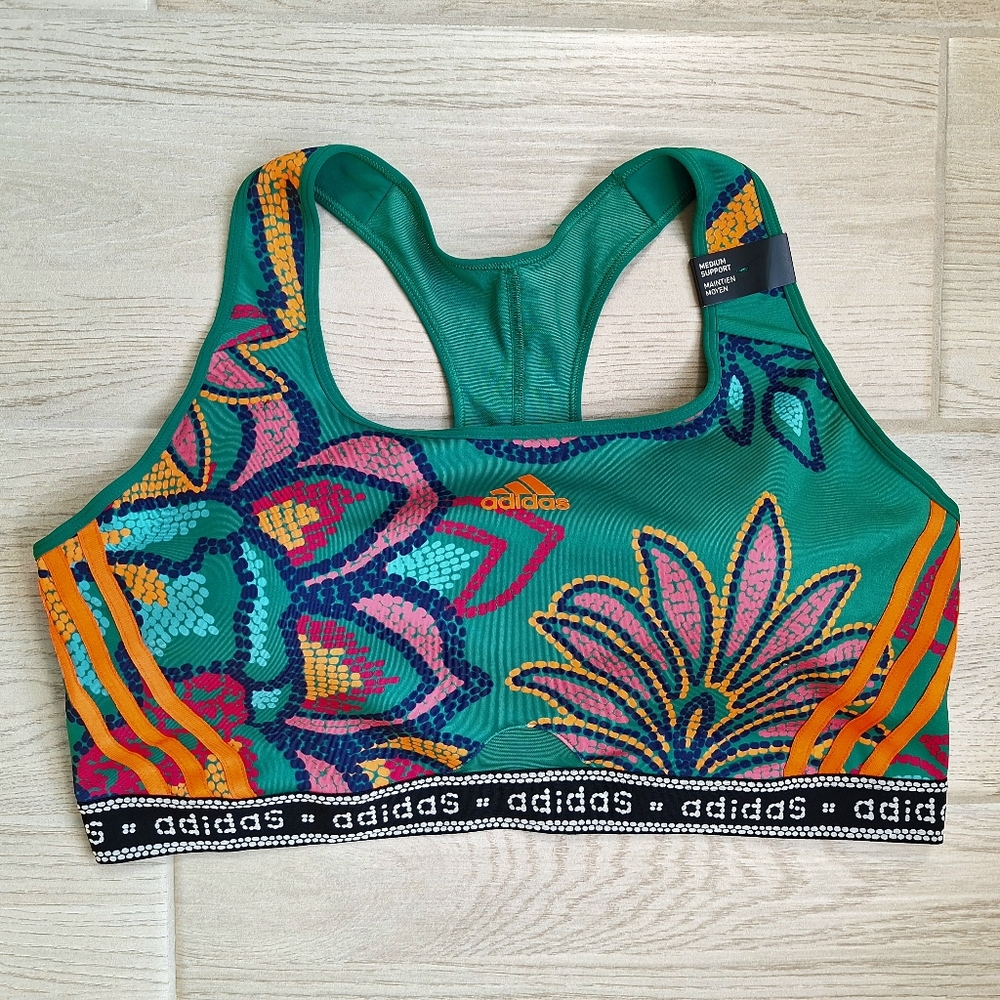 adidas Teal Green Floral Racerback Sports Bra with Orange Stripes
